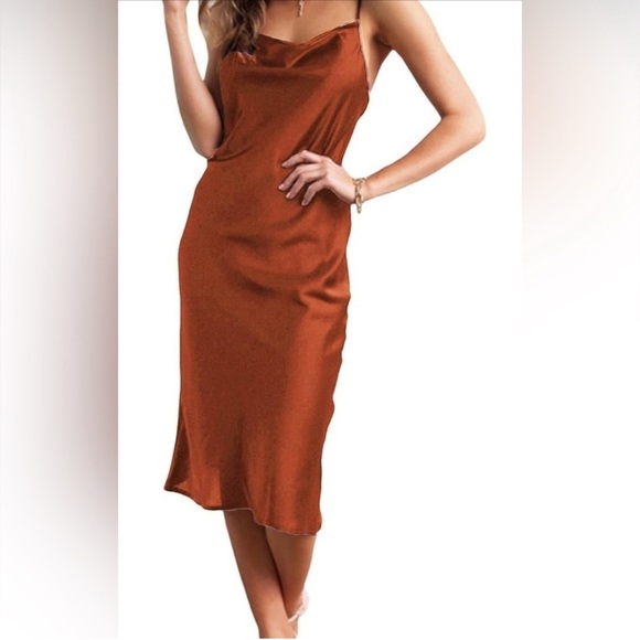 NWT Cowl Neck Satin Slip Cami Midi Dress Rusty Red Size Sm Wedding Guest - Picture 1 of 12